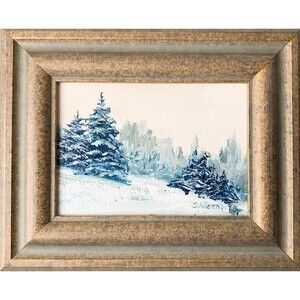Framed Original Oil Landscape Painting Winter Forest Snowy Pines Art 8x10 Signed